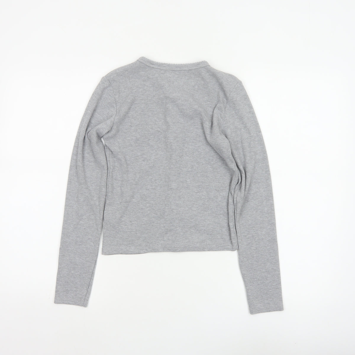 Stradivarius Women Grey S Ribbed Button-Up Long Sleeve Basic Top