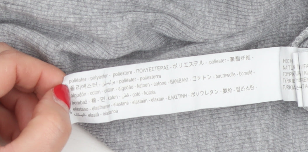 Stradivarius Women Grey S Ribbed Button-Up Long Sleeve Basic Top