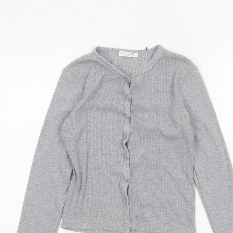 Stradivarius Women Grey S Ribbed Button-Up Long Sleeve Basic Top