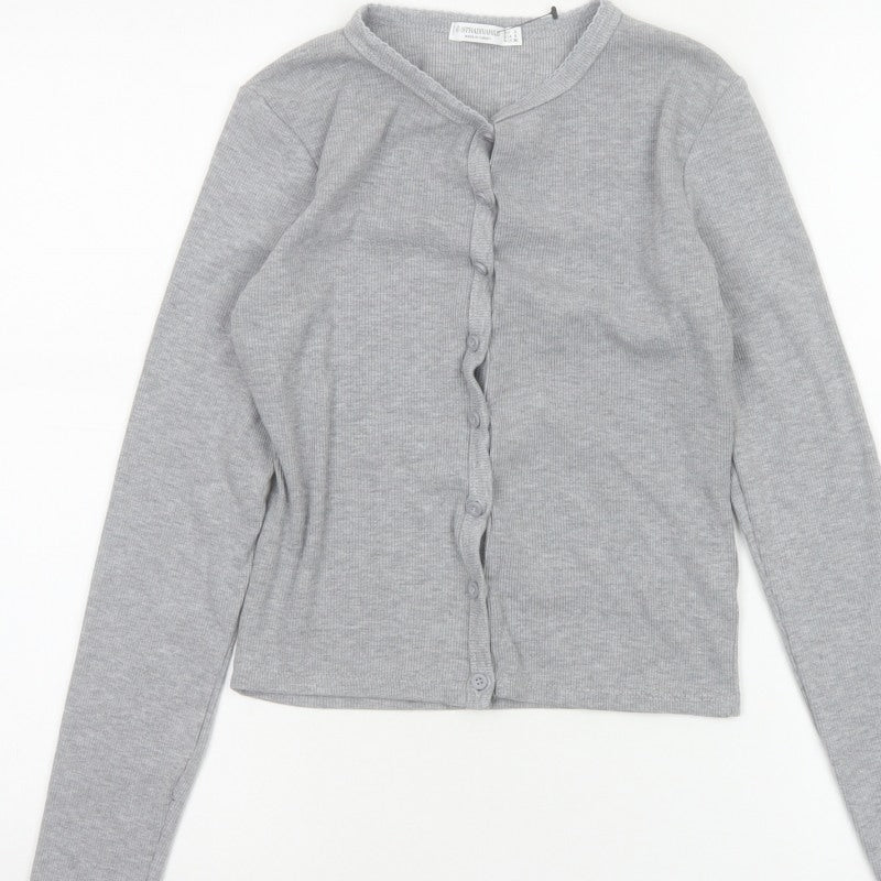 Stradivarius Women Grey S Ribbed Button-Up Long Sleeve Basic Top