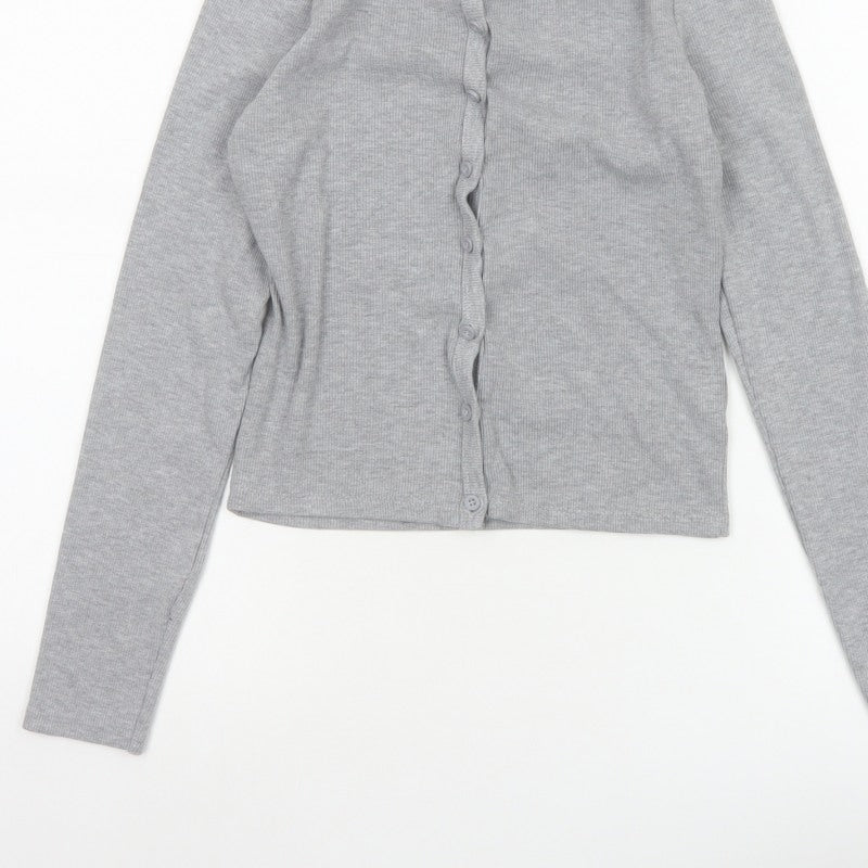 Stradivarius Women Grey S Ribbed Button-Up Long Sleeve Basic Top