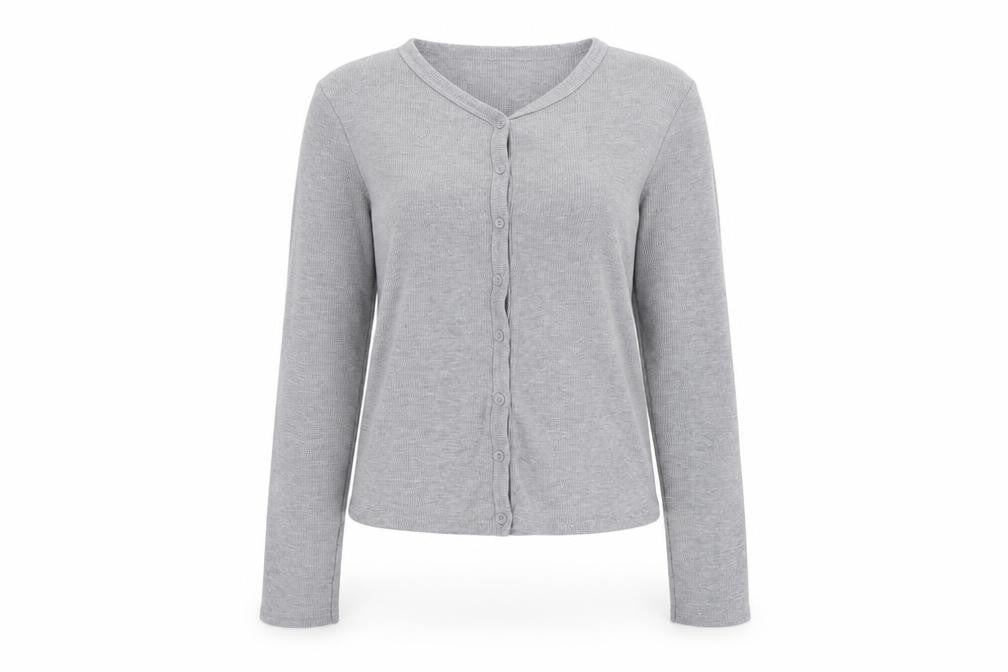 Stradivarius Women Grey S Ribbed Button-Up Long Sleeve Basic Top