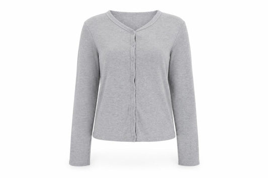 Stradivarius Women Grey S Ribbed Button-Up Long Sleeve Basic Top
