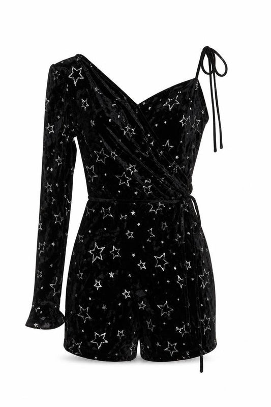 Topshop Petite Women Black Silver Star Velvet Catsuit UK 6
