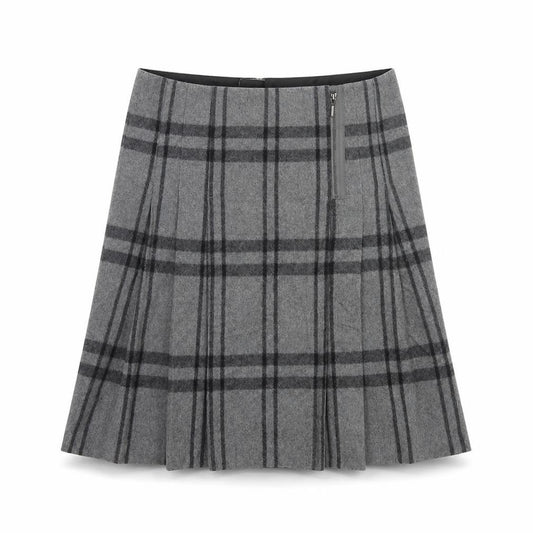 M&S Women’s Grey Plaid Wool Blend A-Line Knee Length Skirt UK 12 Long