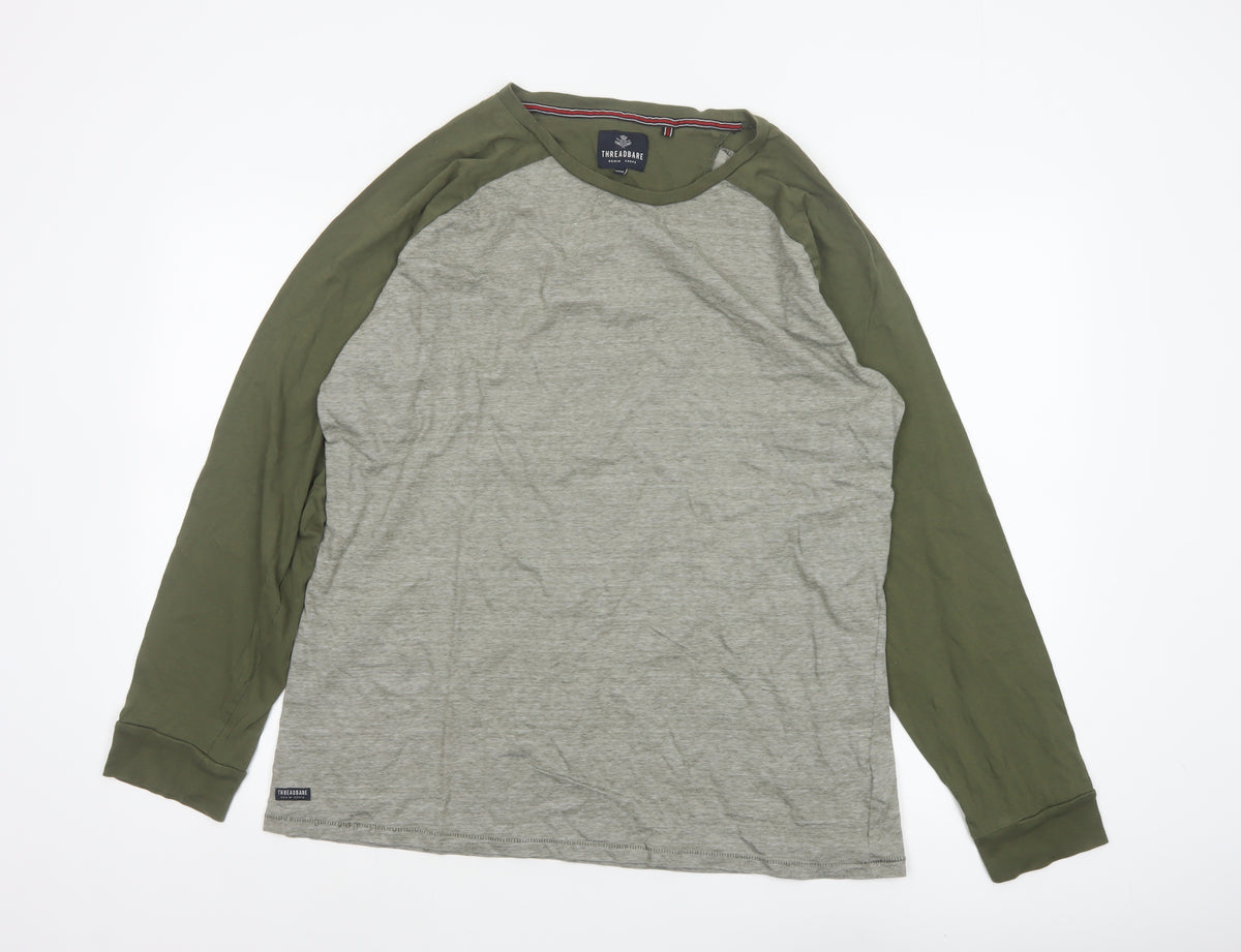 Threadbare Men Grey Green 2XL Raglan Long Sleeve Crew Neck Top