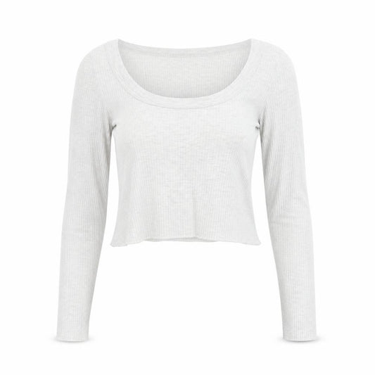 H&M Women Grey S Cropped Ribbed Scoop Neck Long Sleeve T-Shirt