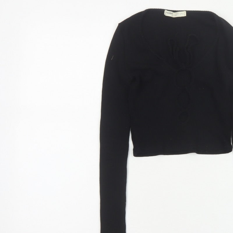 Pull&Bear Women Black S Cropped Ribbed Floral Long Sleeve Top