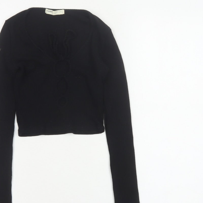 Pull&Bear Women Black S Cropped Ribbed Floral Long Sleeve Top