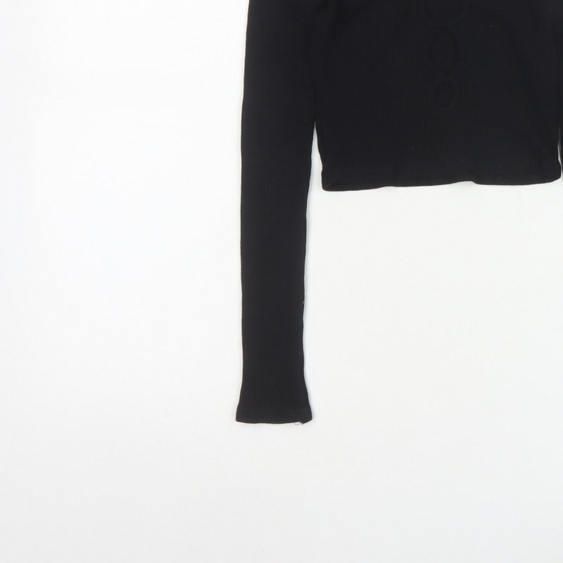 Pull&Bear Women Black S Cropped Ribbed Floral Long Sleeve Top