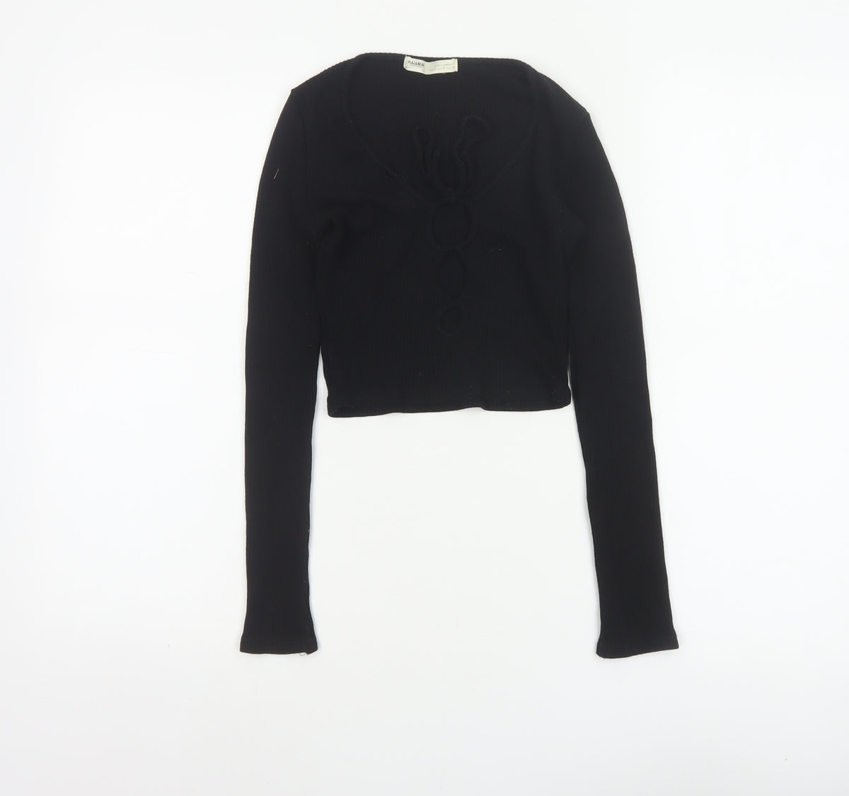 Pull&Bear Women Black S Cropped Ribbed Floral Long Sleeve Top