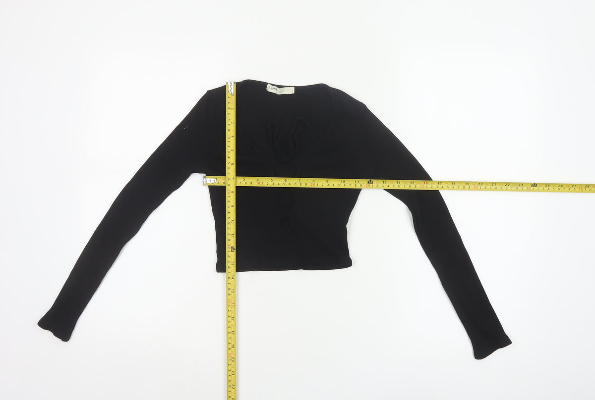 Pull&Bear Women Black S Cropped Ribbed Floral Long Sleeve Top