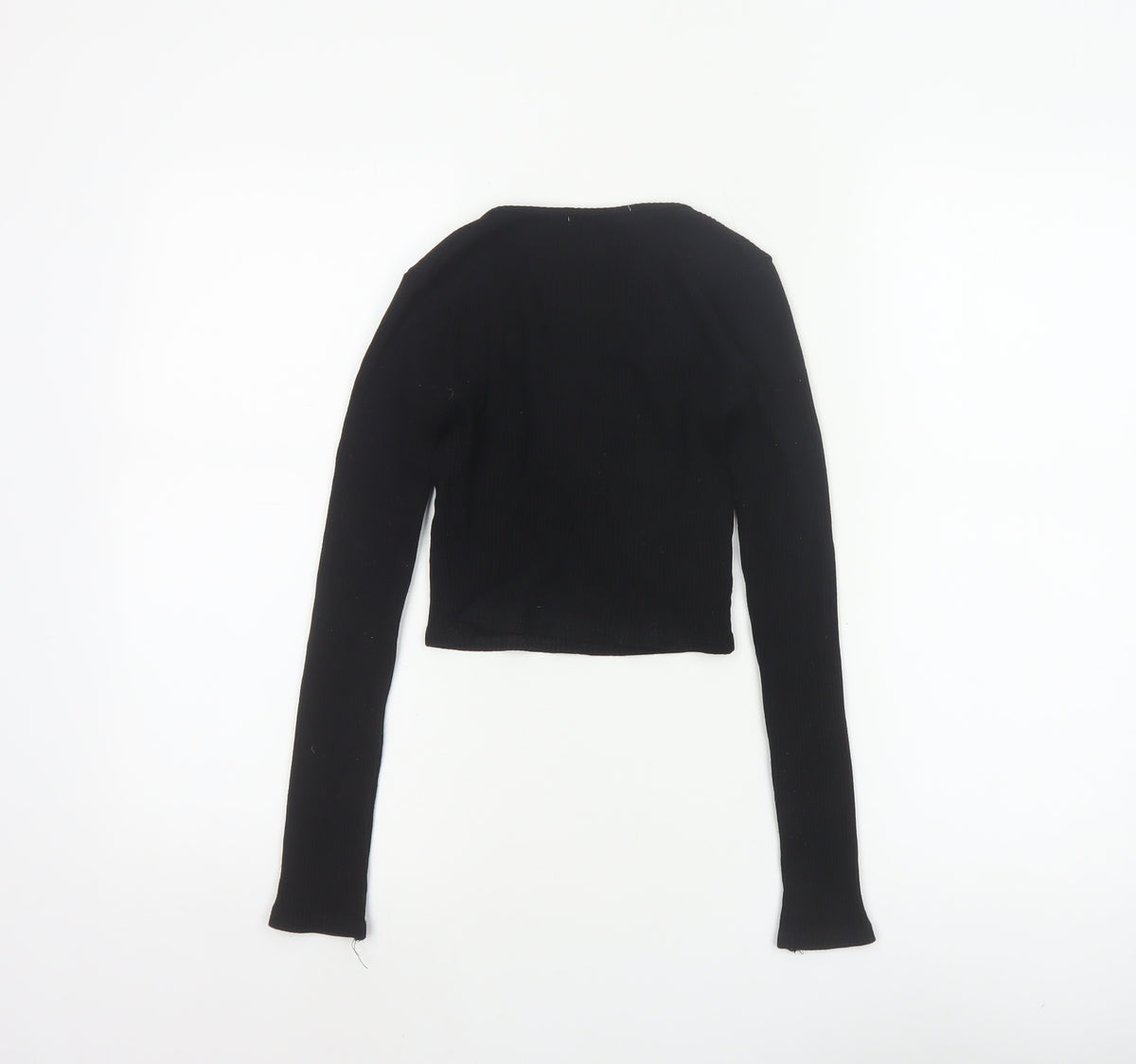 Pull&Bear Women Black S Cropped Ribbed Floral Long Sleeve Top