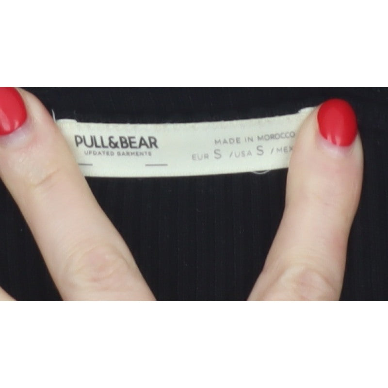 Pull&Bear Women Black S Cropped Ribbed Floral Long Sleeve Top