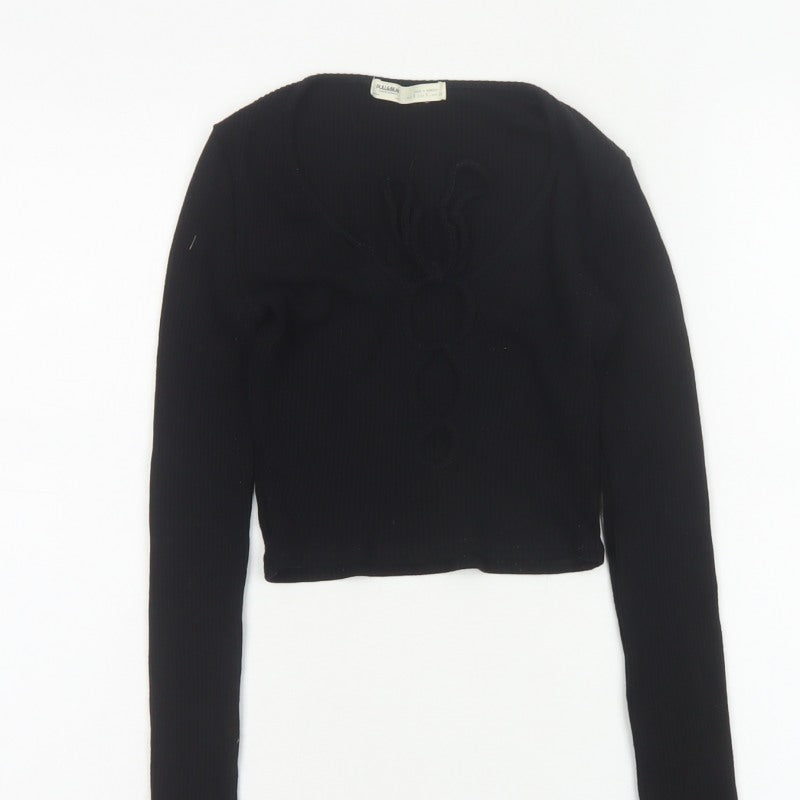 Pull&Bear Women Black S Cropped Ribbed Floral Long Sleeve Top