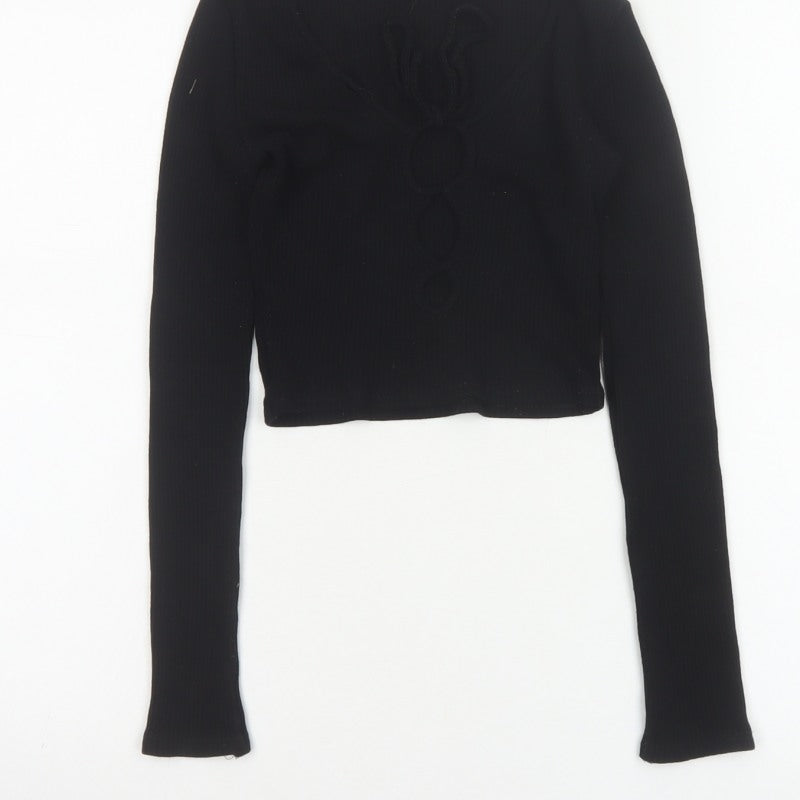 Pull&Bear Women Black S Cropped Ribbed Floral Long Sleeve Top