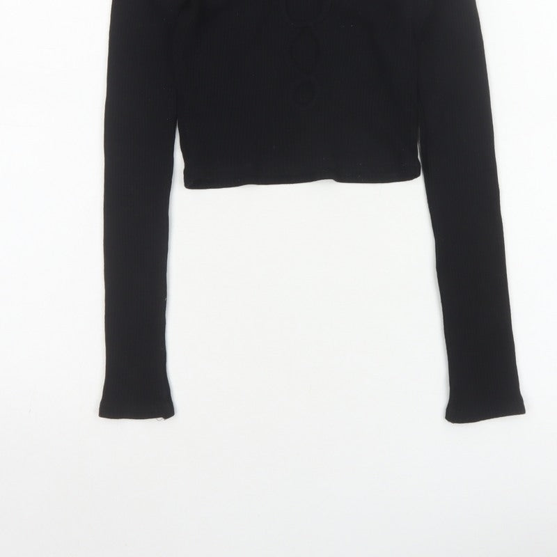 Pull&Bear Women Black S Cropped Ribbed Floral Long Sleeve Top