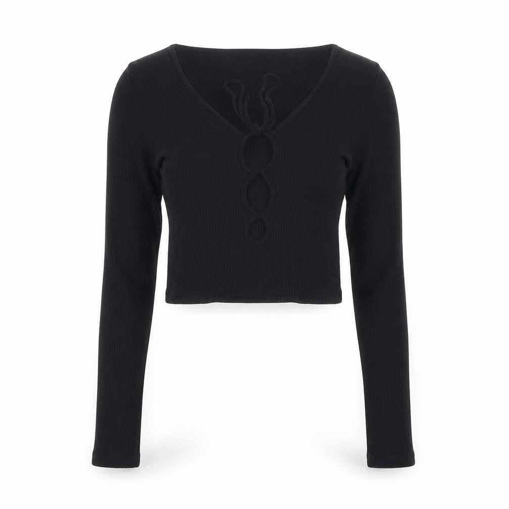 Pull&Bear Women Black S Cropped Ribbed Floral Long Sleeve Top