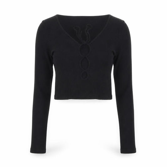 Pull&Bear Women Black S Cropped Ribbed Floral Long Sleeve Top