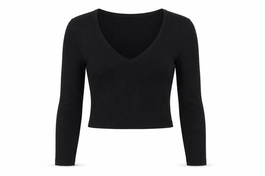 ASOS Women Black UK 10 Cropped Ribbed V-Neck Long Sleeve Top