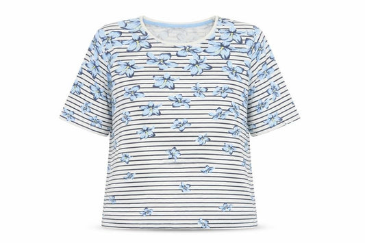 Isle Essentials Women’s Blue Floral Stripe Cotton T-Shirt UK 16