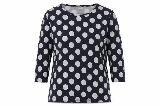 TRU Collection Women Black Grey Polka Dot Jersey Top L 3/4 Sleeve