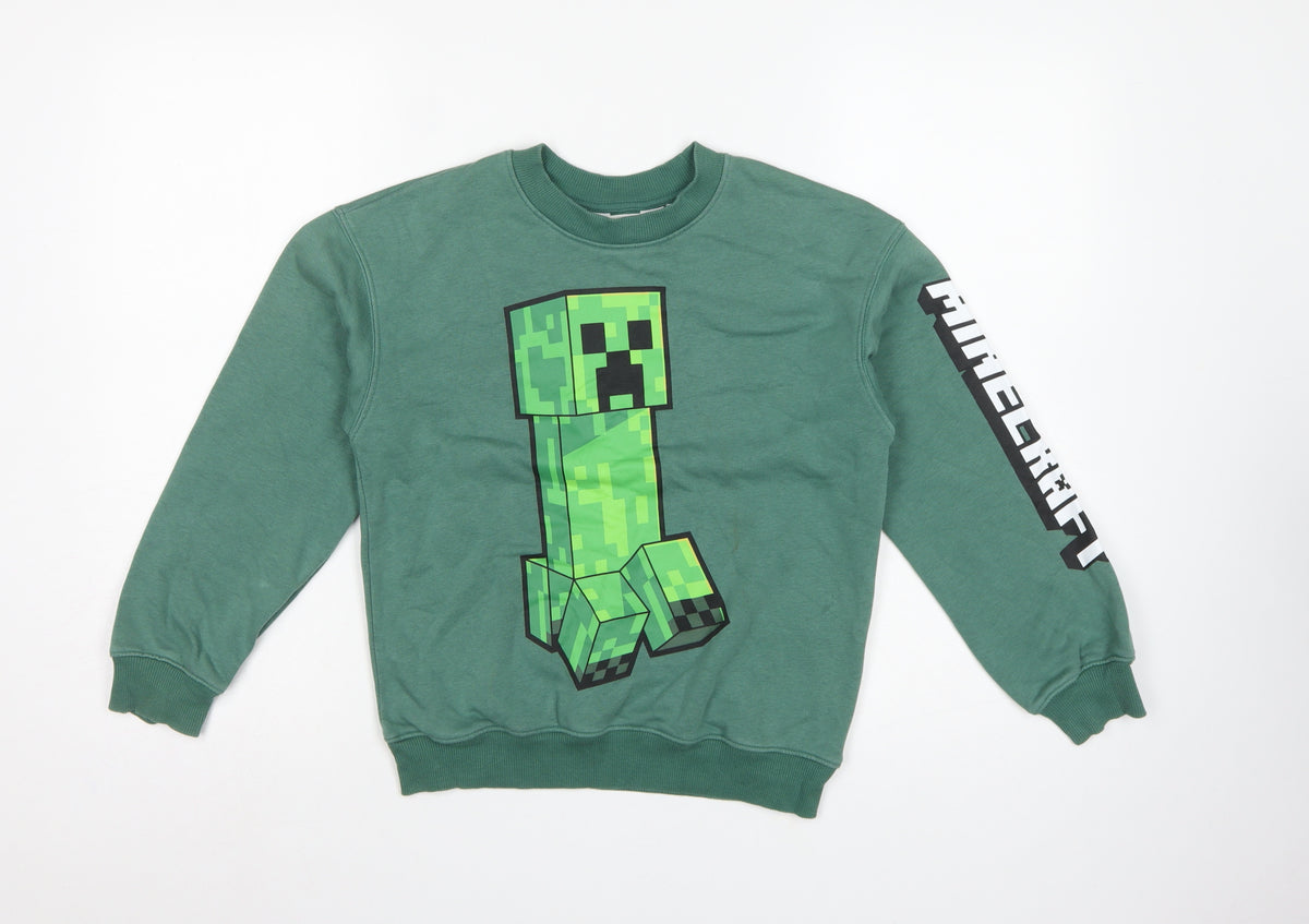 H&M Boys Green Minecraft Creeper Graphic Pullover Sweatshirt 9-10 Years