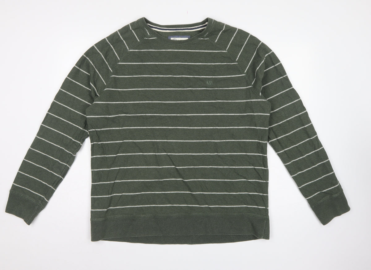 Fat Face Men’s Green Striped Logo Crew Neck Pullover Sweatshirt XL