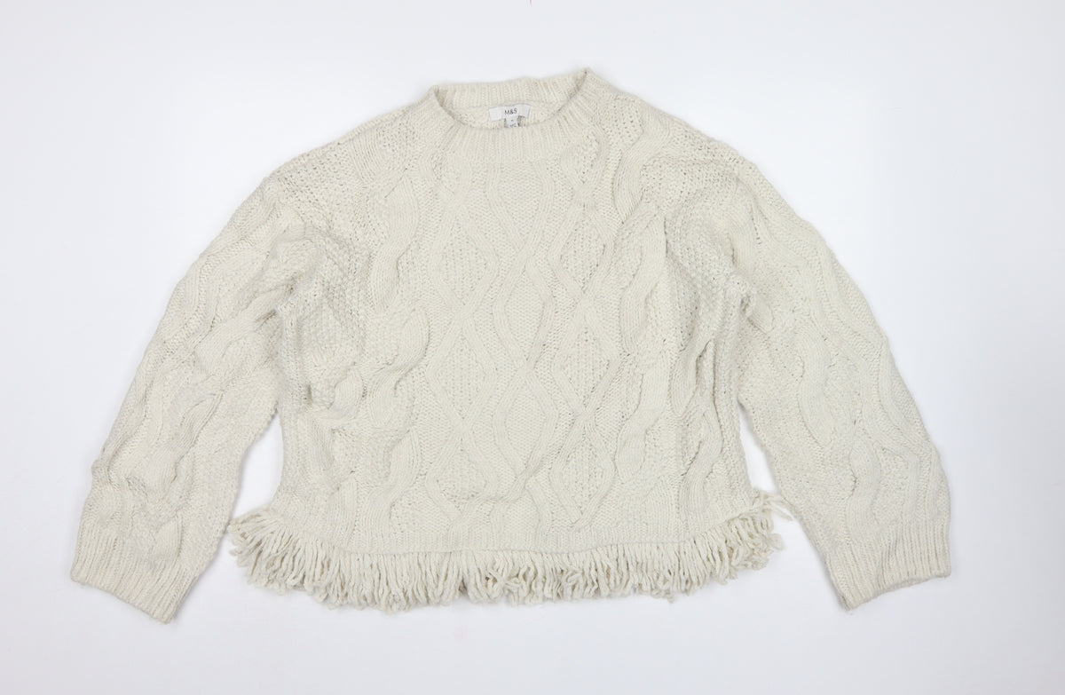 M&S Women's Ivory M Cable Knit Fringe Hem Jumper