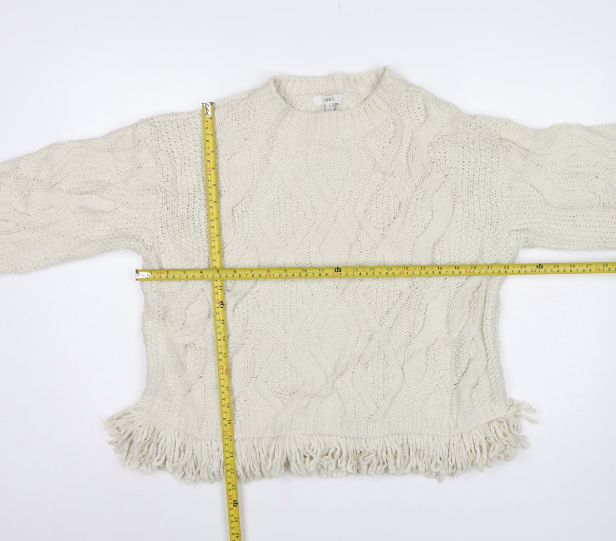 M&S Women's Ivory M Cable Knit Fringe Hem Jumper