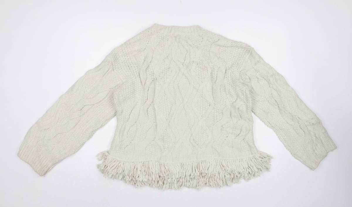 M&S Women's Ivory M Cable Knit Fringe Hem Jumper