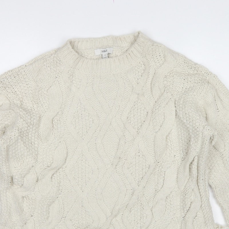 M&S Women's Ivory M Cable Knit Fringe Hem Jumper