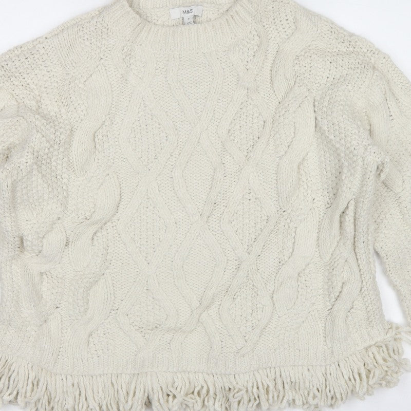 M&S Women's Ivory M Cable Knit Fringe Hem Jumper