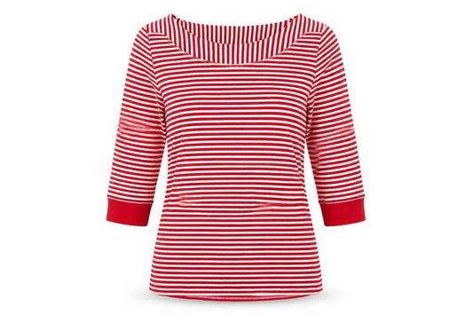 BM Casual Women’s Red White Striped Size S Square Neck 3/4 Sleeve Jersey Top