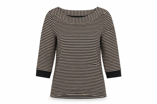 BM Casual Women’s Beige Black Striped Square Neck 3/4 Sleeve Top M