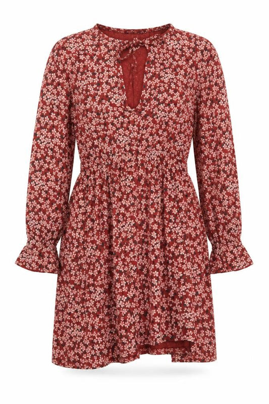 Boohoo Women Red Floral UK 16 Skater Dress Keyhole Long Sleeve