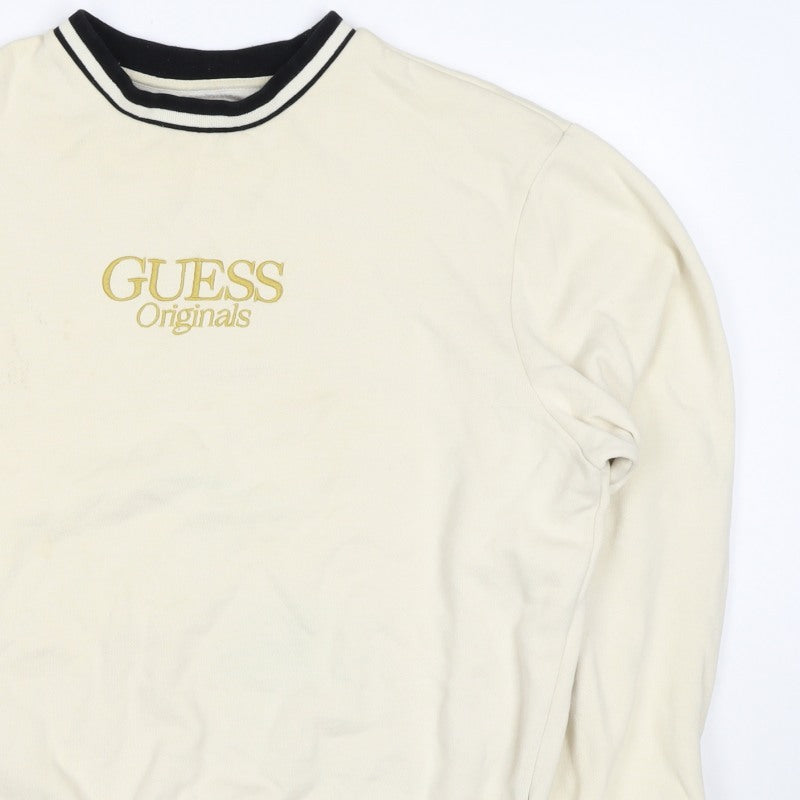 Guess Originals Men’s Ivory S Embroidered Logo Crew Neck Pullover Sweatshirt