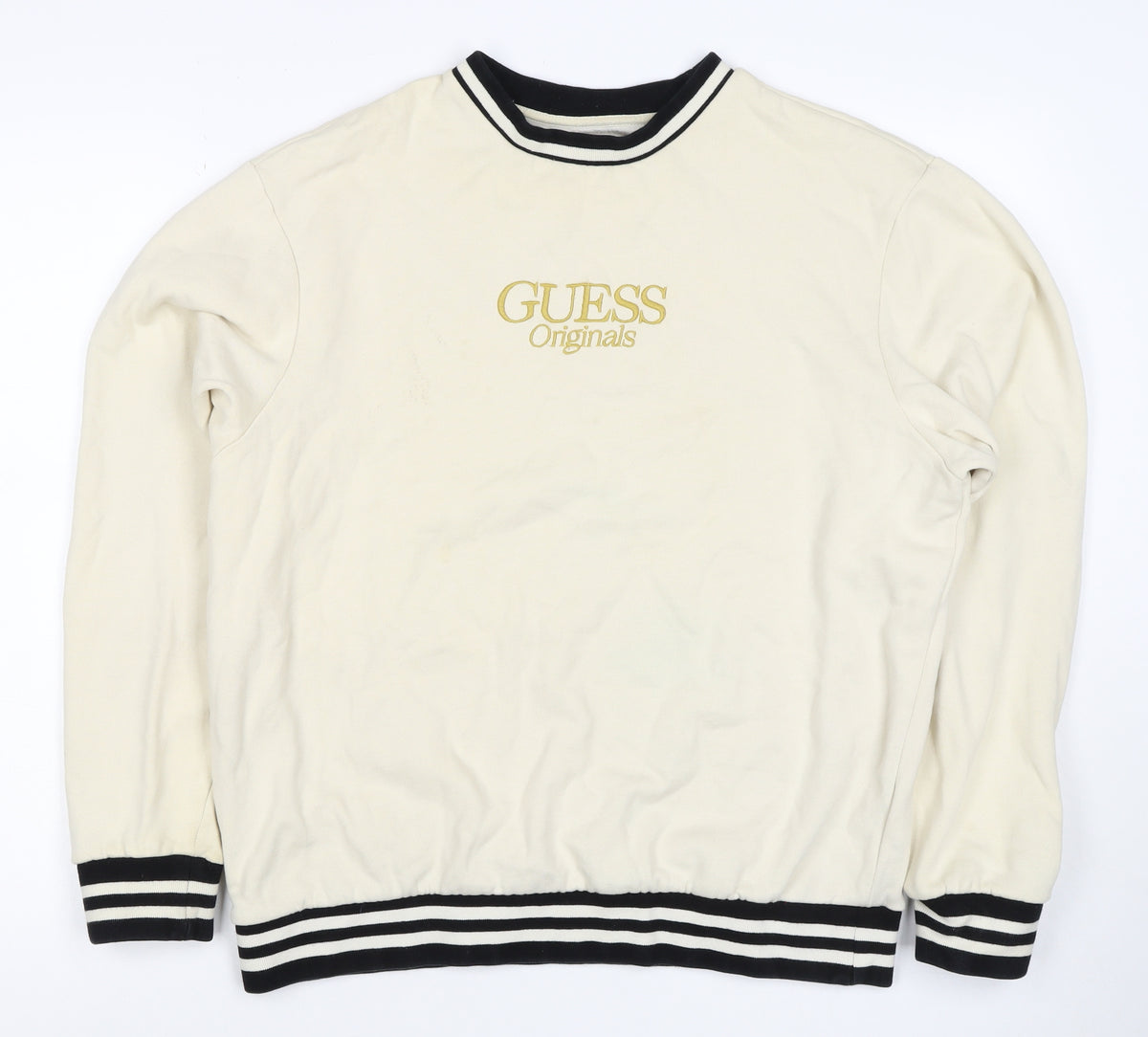 Guess Originals Men’s Ivory S Embroidered Logo Crew Neck Pullover Sweatshirt