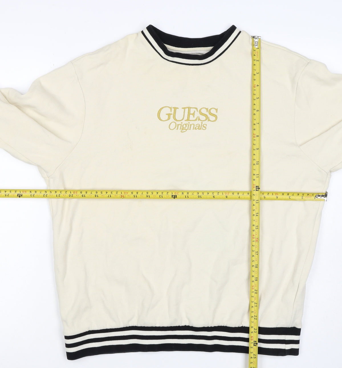 Guess Originals Men’s Ivory S Embroidered Logo Crew Neck Pullover Sweatshirt