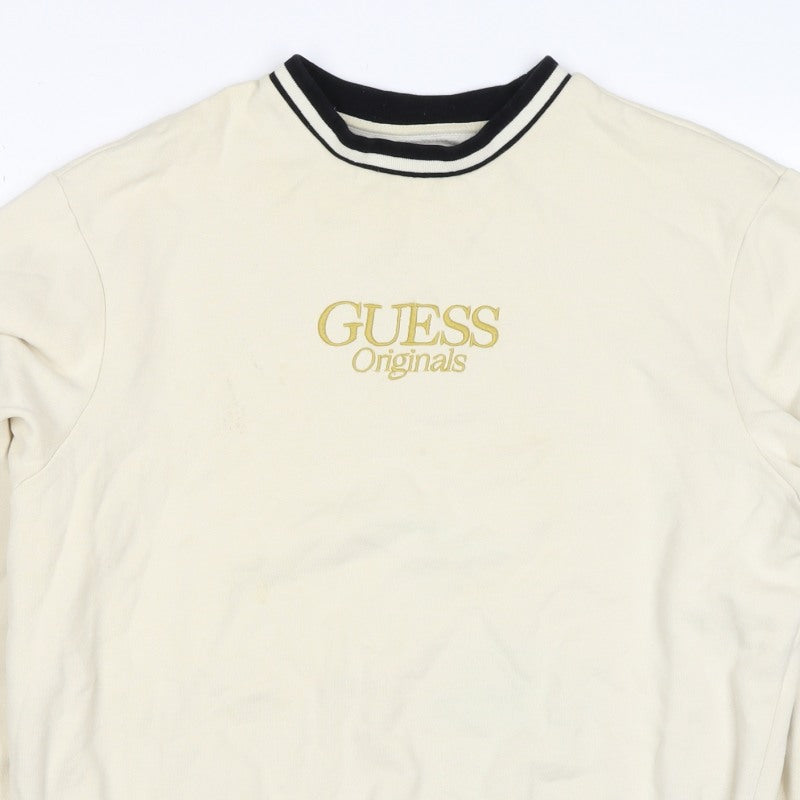 Guess Originals Men’s Ivory S Embroidered Logo Crew Neck Pullover Sweatshirt