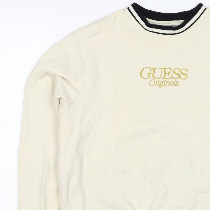 Guess Originals Men’s Ivory S Embroidered Logo Crew Neck Pullover Sweatshirt