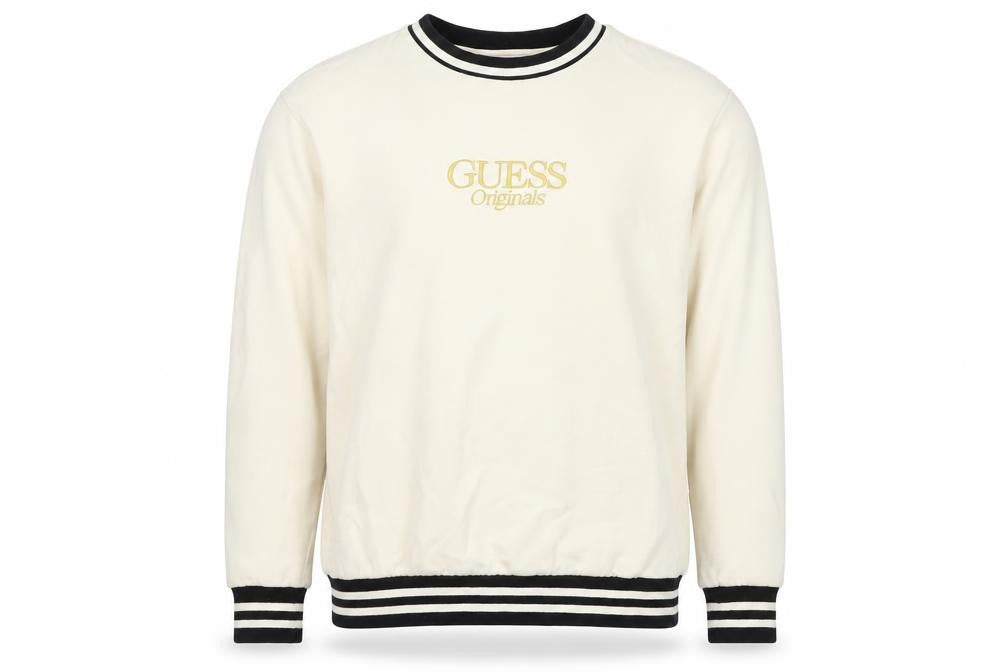 Guess Originals Men’s Ivory S Embroidered Logo Crew Neck Pullover Sweatshirt
