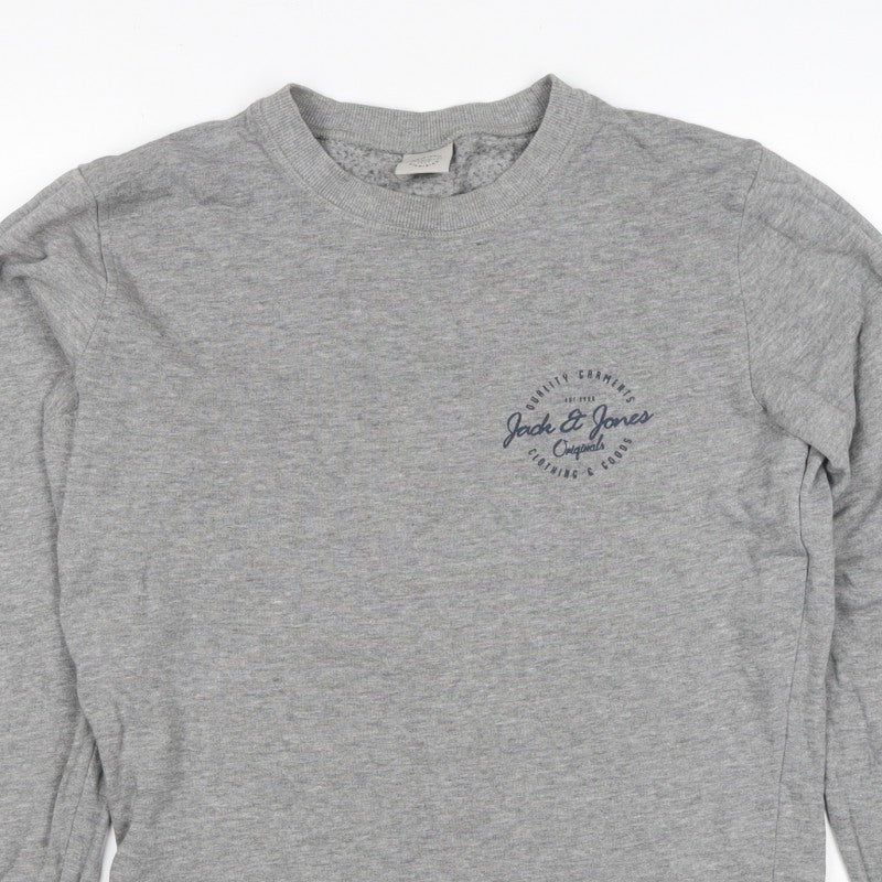 Jack & Jones Men Grey S Crew Neck Logo Sweatshirt Pullover