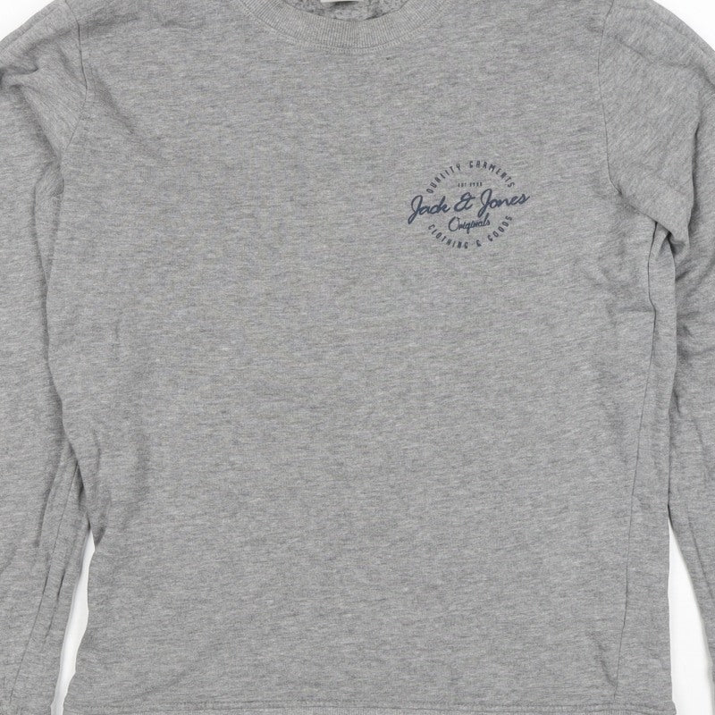 Jack & Jones Men Grey S Crew Neck Logo Sweatshirt Pullover