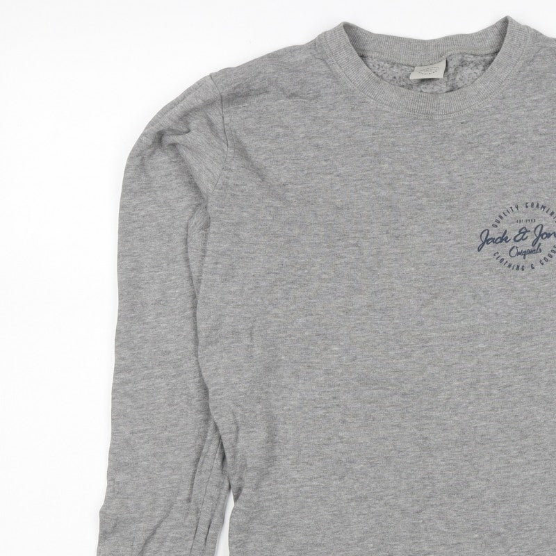 Jack & Jones Men Grey S Crew Neck Logo Sweatshirt Pullover