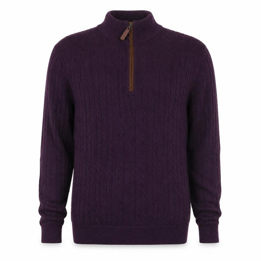 Schöffel Men’s Purple M Cable Knit Cashmere Blend 1/4 Zip Jumper