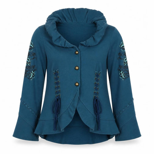Tulle Women’s Blue M Ruffle Button Lace Up Floral Sweatshirt Cardigan