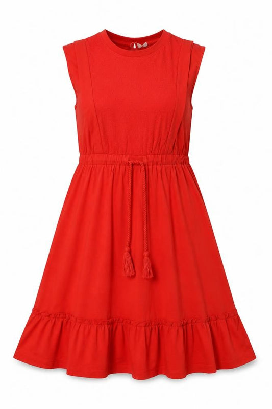 Next Women Red UK 12 Midi A-Line Cotton Blend Tassel Dress