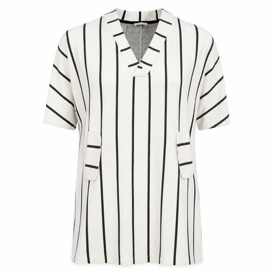 Zara Trafaluc Women Ivory Black Stripe Shift Dress M V-Neck Pockets