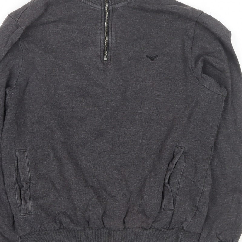 Threadbare Men’s Grey S 1/4 Zip High Neck Sweatshirt Pockets